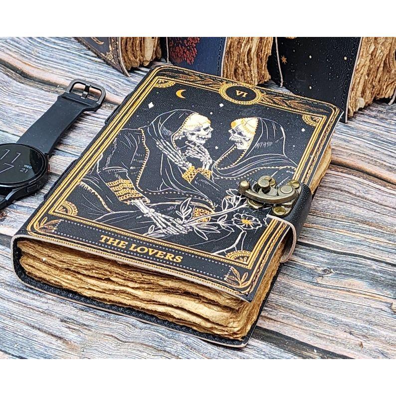 Grimoire Journal - Leather Print Journal - Blank Spell Book of Shadows, Wiccan, Book of Lovers for Him Her