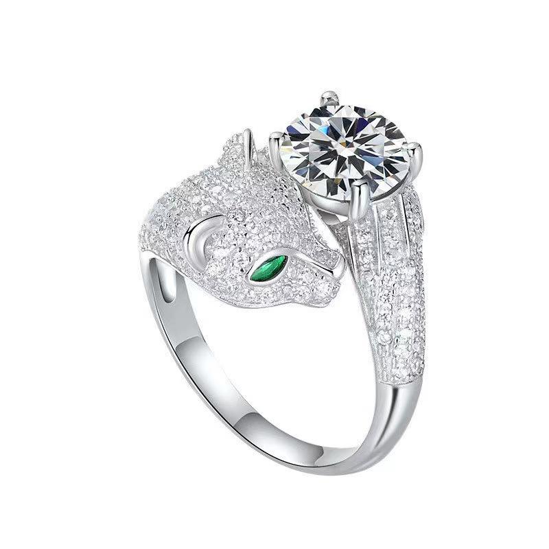 Moissanite Diamond Leopard Head Ring Color Real 925 Sterling Silver Animal Ring for Women Wedding Fine Jewelry