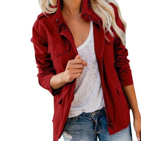 Women Coat Stand Collar Zipper Multiple Pockets Solid Color Long Sleeves Soft Casual Cardigan Pure Color Spring Coat for Daily Wear