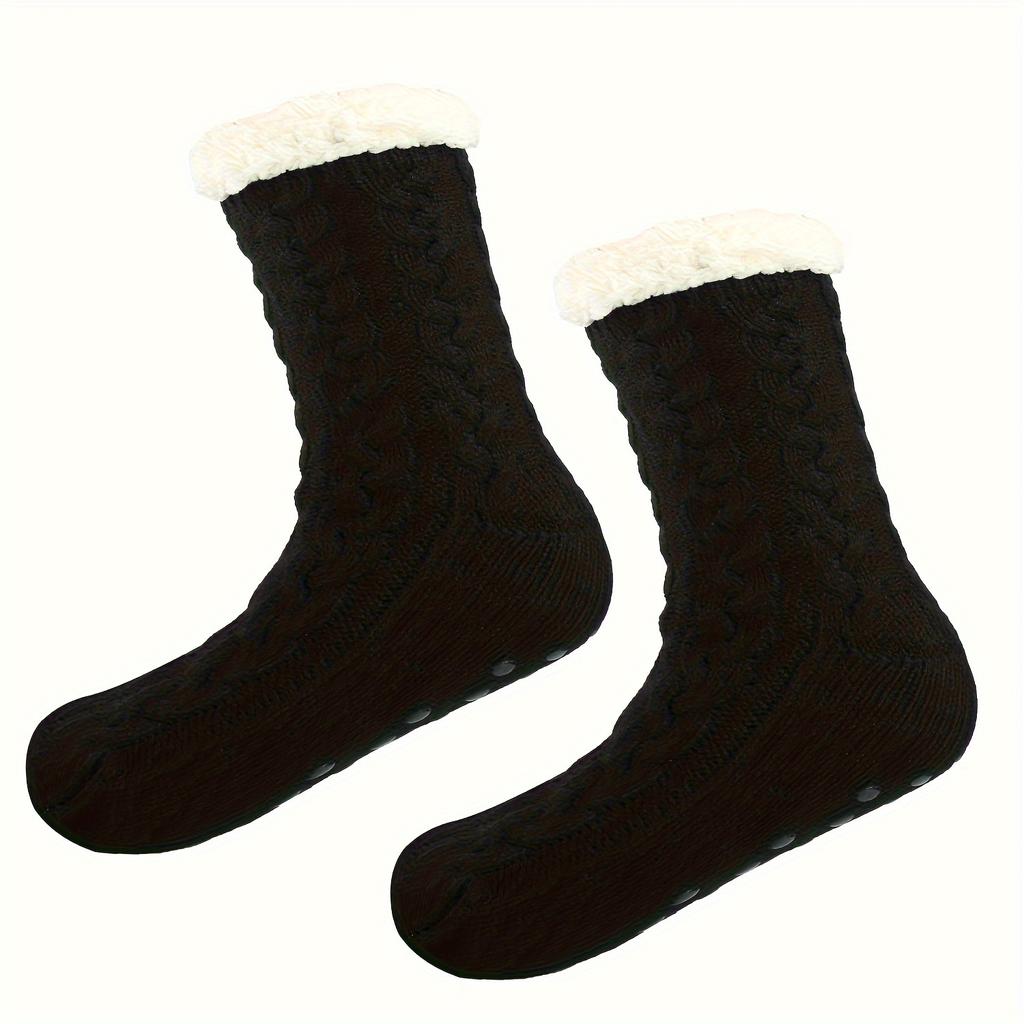 1 Pair of Women's Thick Plush Warm Floor Socks Braided Cozy Winter Casual Yoga Socks with Grips for Home Indoor Slippers Women