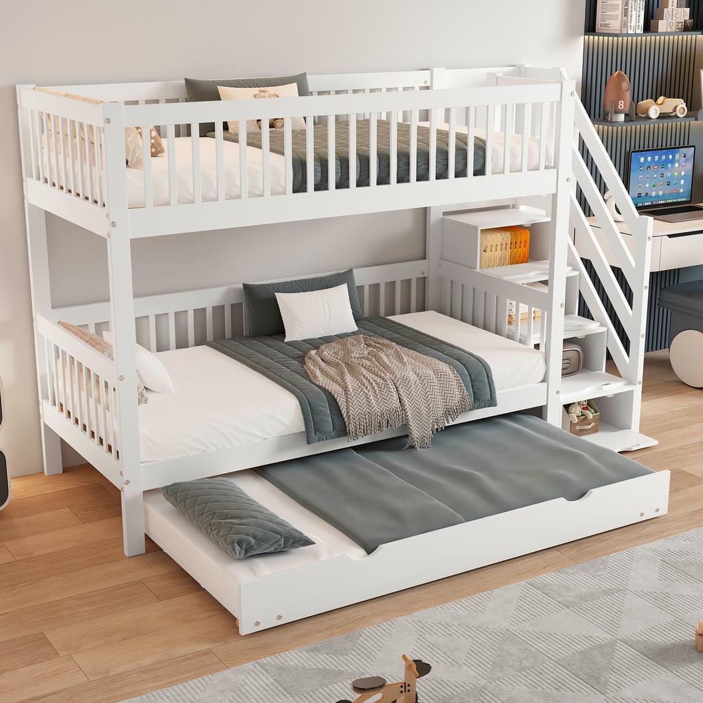 [53133456WAA]Bunk Bed with Trundle Bed, Ladder Cabinet and Handrail, Fall Protection Rail on All Sides, Pine+MDF, White, 90x200/190cm