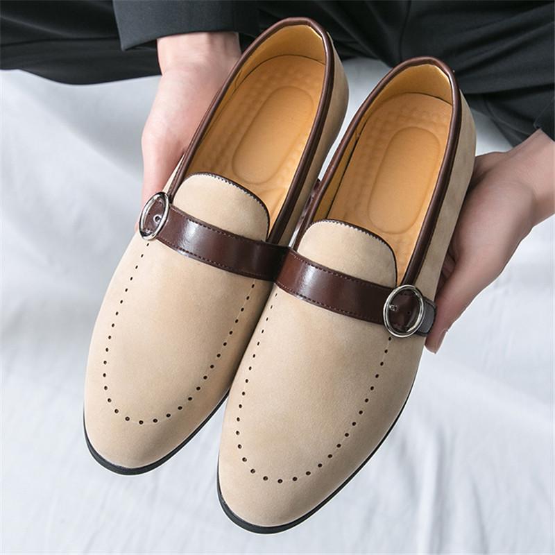 Fashion Trendy New Monk Strap Loafers New Men's Pointed Suede Leather Shoes Male Designer Formal Wedding Dress Homecoming Footwear