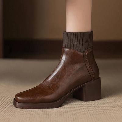Зимние ботинки из коровьей кожи с круглым носком, на среднем каблуке, на молнии, вязаные, женские ботильоны