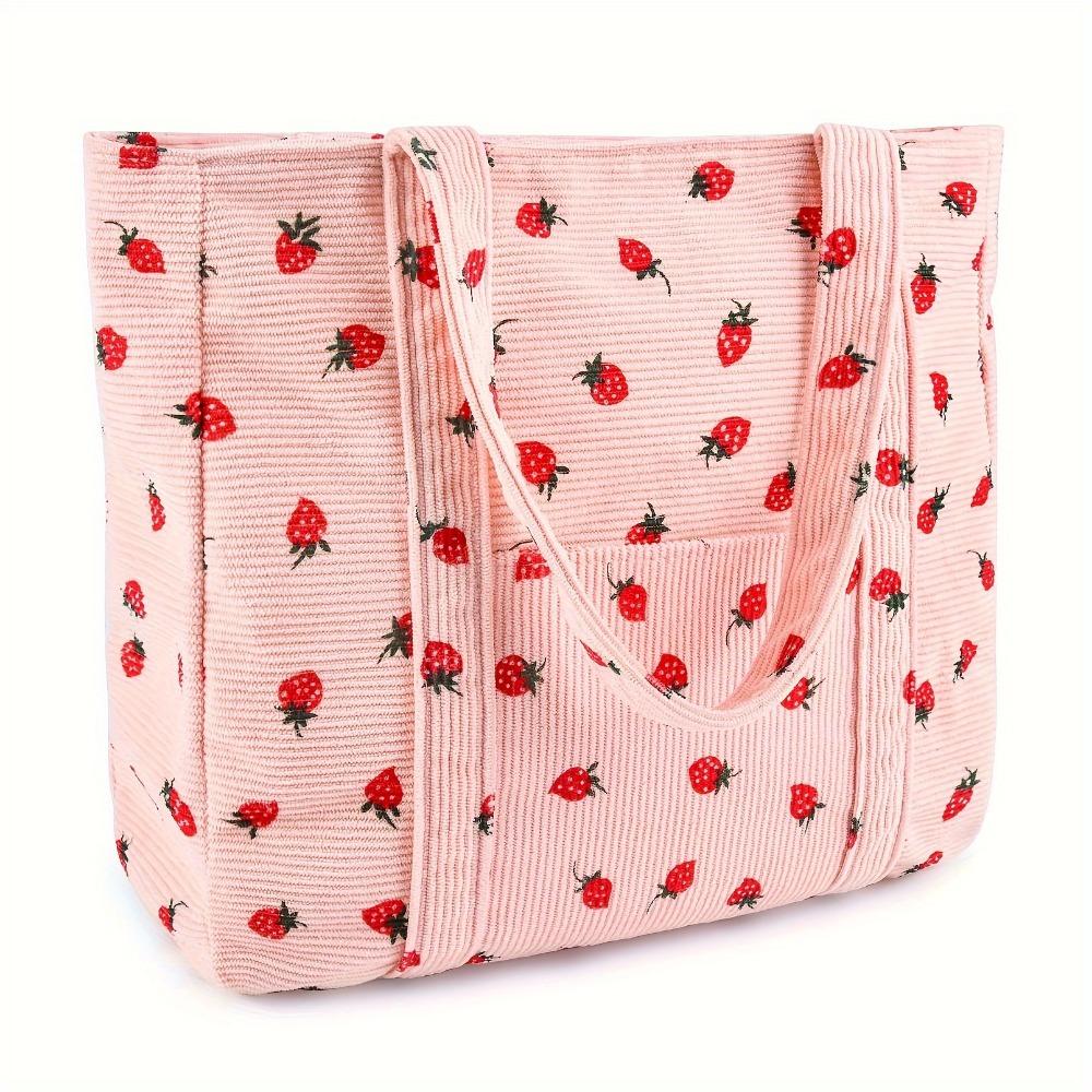Вельветовые сумки-тоуты для женщин, большая вместительная сумка, эстетичная многоразовая сумка для продуктов из клубники, фермерская сумка через плечо для девочек