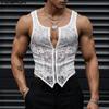 Summer Men U Neck Sleeveless Buttons Lace Mesh Sheer Casual Tank Tops