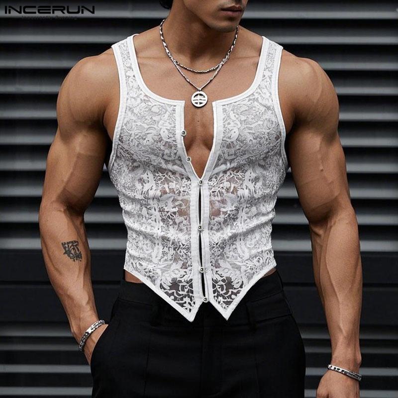 INCERUN Summer Men U Neck Sleeveless Buttons Lace Mesh Sheer Casual Tank Tops
