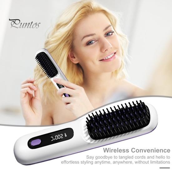 Беспроводная щетка-выпрямитель для волос 3 температуры ЖК-дисплей Быстрый нагрев Перезаряжаемая от USB Портативная горячая щетка Электрическая пушистая укладка вьющихся волос