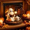 Autumn Harvest Decorations Halloween Ghost Figurine Vintage Cozy Reading Book/Walking Dog Statue with Lantern Healing Figurines Light Up Spooky