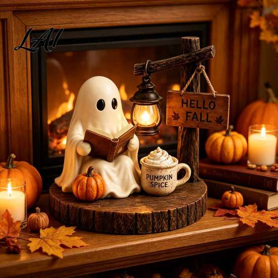 Autumn Harvest Decorations Halloween Ghost Figurine Vintage Cozy Reading Book/Walking Dog Statue with Lantern Healing Figurines Light Up Spooky