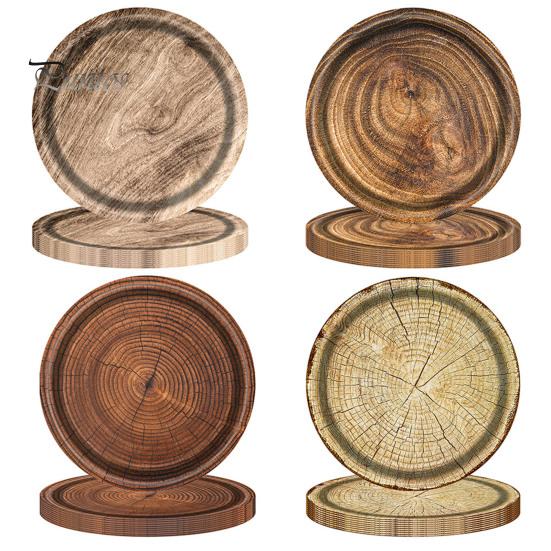 10Pcs Round Wood Grain Paper Tray Food Grade Paper Dinner Plates Decorative Picnic Party Tableware Decoration