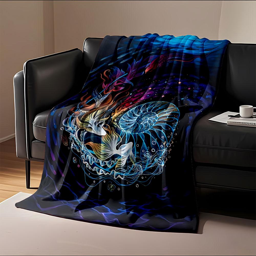 Swirling aquatic scene with nautilus shell, fish, and vibrant colors. for all seasons blanket lunch break throw gift