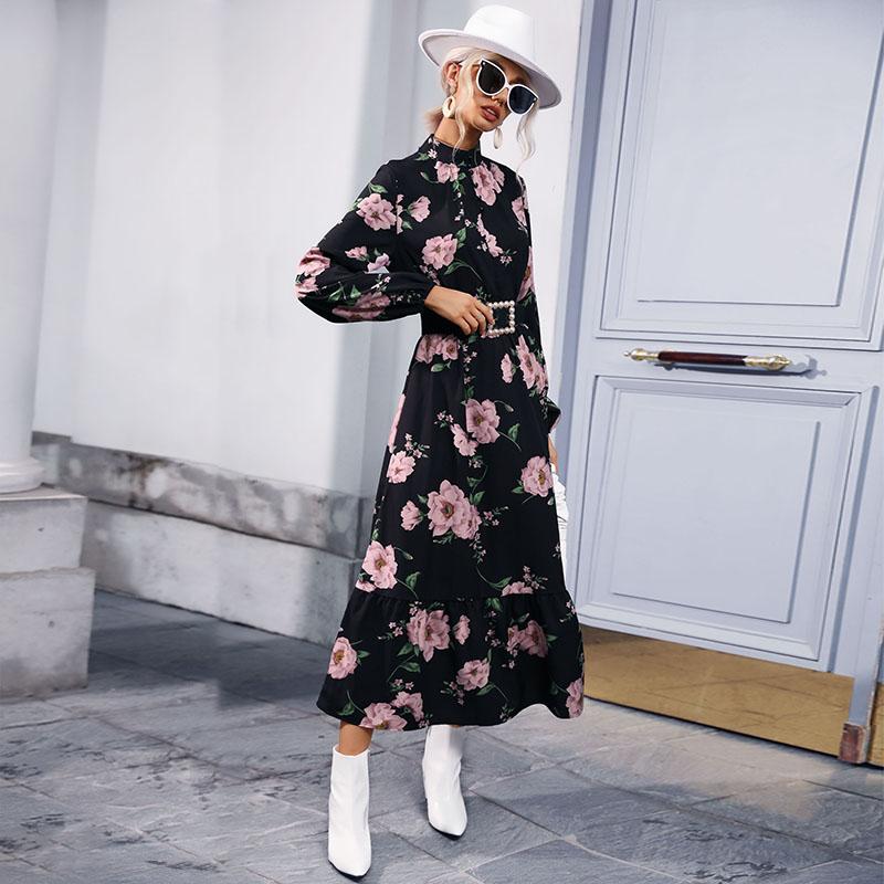 YYFS Women's Fashion Flower Pattern Print Long Sleeve High Neck High Waist Casual Dresses