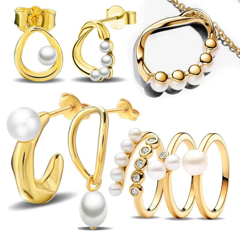 Authentic 925 Silver Rings Rose Golden Shine Pearl Ring Hoop Earrings Necklace for Women Popular Birthday Gift Fine Jewelry