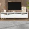 Modern TV cabinet 180 x 40 x 50 cm with LED lighting, white body, golden metal feet, glass front & storage space – stylish lowboard for living room