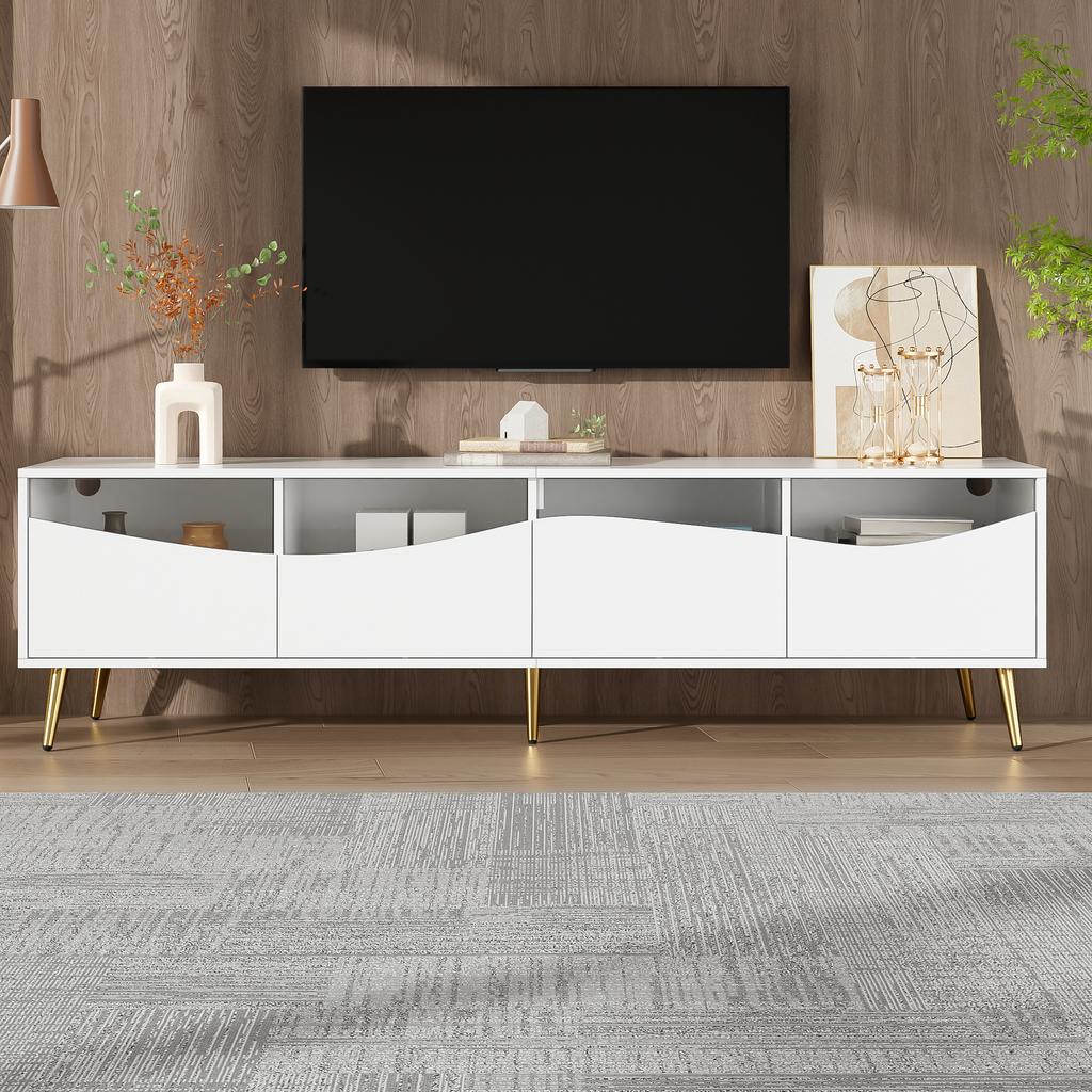 Modern TV cabinet 180 x 40 x 50 cm with LED lighting, white body, golden metal feet, glass front & storage space – stylish lowboard for living room