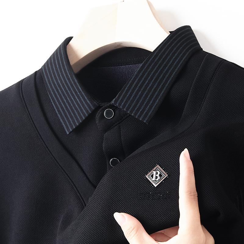 Продвинутый Роскошный Рубашечный Воротник Плюшевый Толстый Свитер Мужской Осенняя Мода Брендовая Вышивка Комплект-двойка с Имитацией Длиннорукавная Футболка