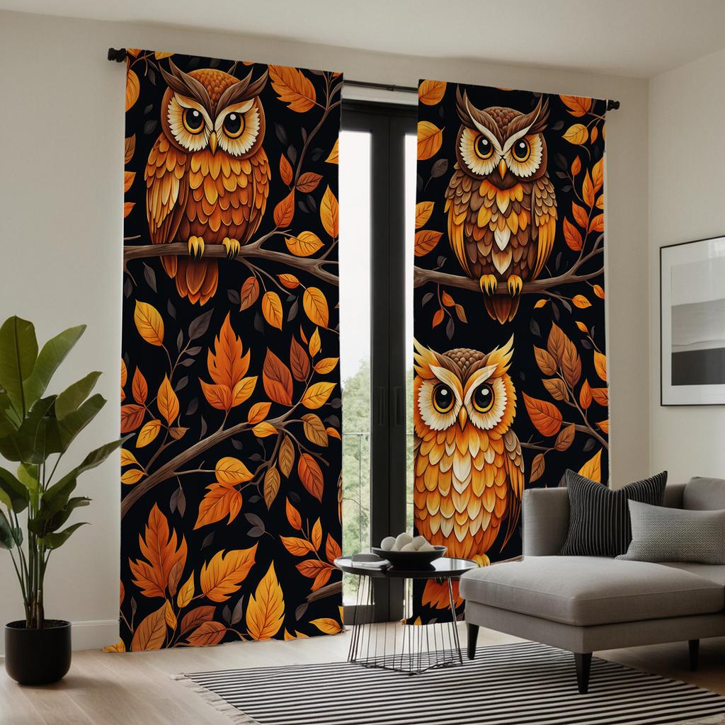 2 Pieces of HD Maple Tree Three Owl Curtains Yellow Tie Digital Printed Curtains Home Decoration Style Decorate Living Room Bedr