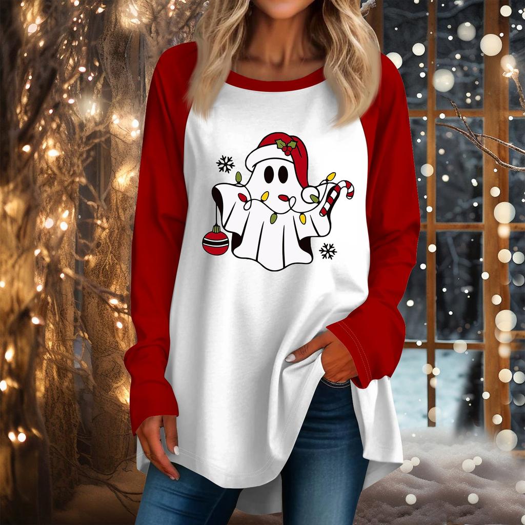Женская повседневная футболка больших размеров с длинными рукавами и круглым вырезом с рождественским принтом, топ, пуловер
