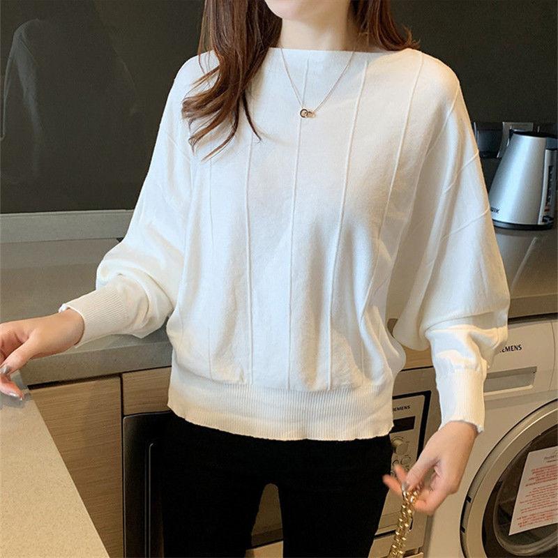 Женский короткий трикотажный свитер с круглым вырезом в корейском стиле на весну и осень - Летучая мышь рукав, свободный пуловер, базовый топ