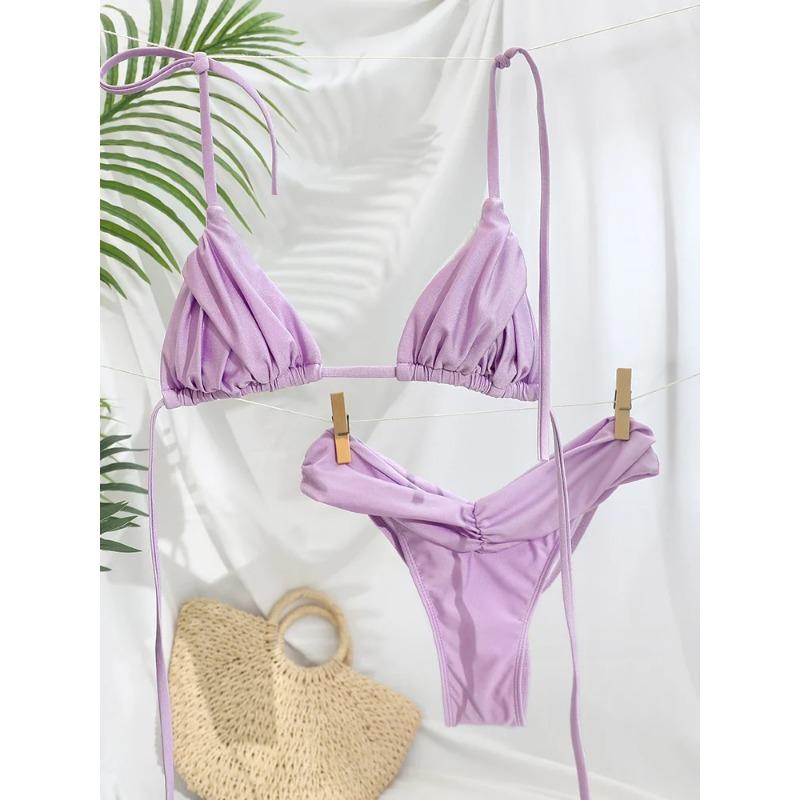 Плиссированный бразильский комплект бикини, сексуальные микробикини, женский купальник 2023 года, женский купальник-треугольник, пляжная одежда, купальный костюм