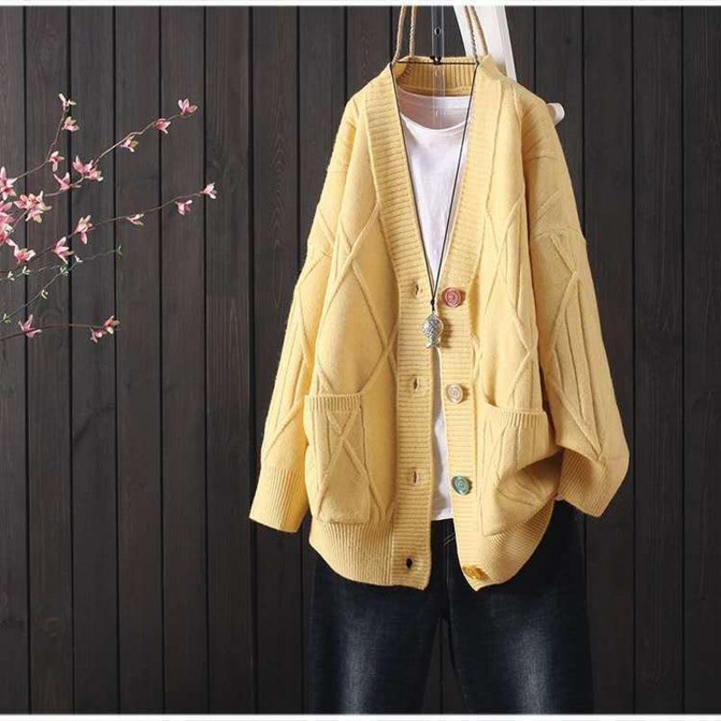 2022 Spring and Autumn Fashion New Women's Western Style Casual Cardigan Jacket Solid Color Long-sleeved V-neck Sweater