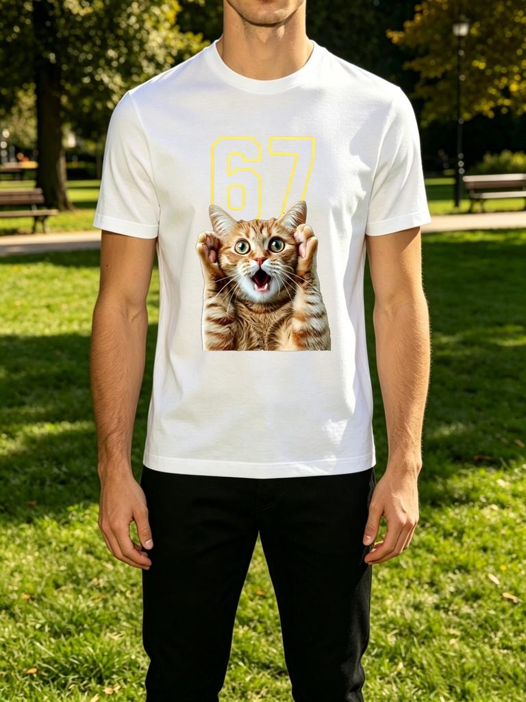 Surprised Orange Tabby Cat With Number 67 Graphic Unisexs Crew Neck Short Sleeve Tee Casual Street Soft Daily Basic Wear Top