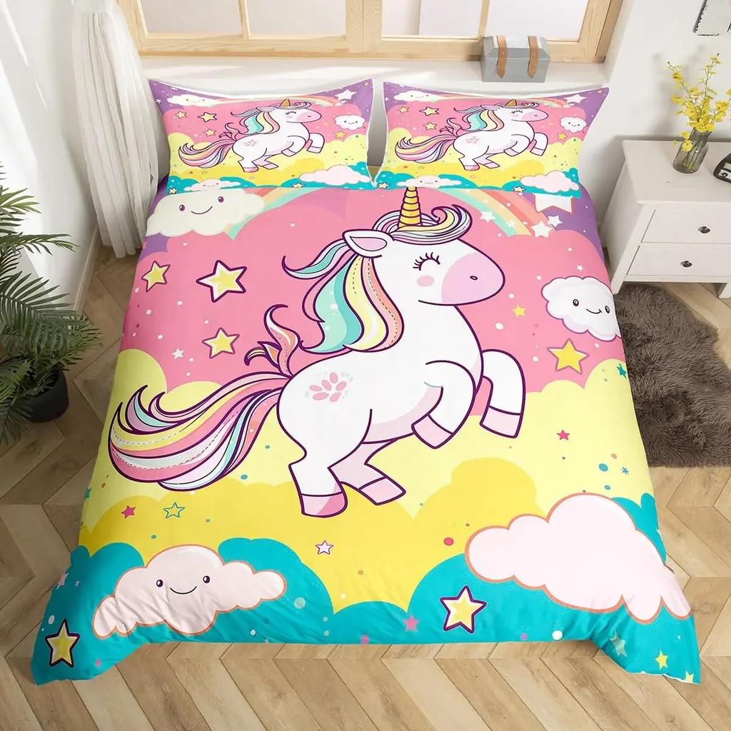 Комплект постельного белья с единорогом для детей, фиолетовый космос, галактика, пододеяльник из микрофибры, мультяшный девчачий чехол для одеяла и 2 наволочки
