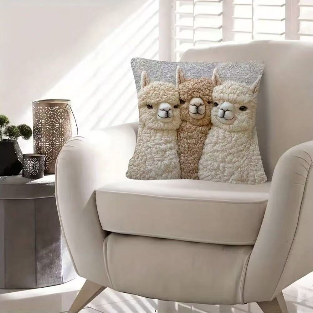 Cute Alpaca Pillowcase Soft Short Velvet Sofa Cushion Cover Car Headboard 2D Flat Printing,Non-Real Embroidery 1Pc 45*45Cm