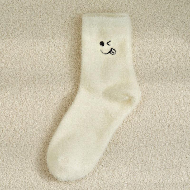 5pairs Women Funny Socks White Winter Warm Socks Smile Cute Kawaii Anime Floor Socks Lolita Y2k Thicken Fuzzy Socks