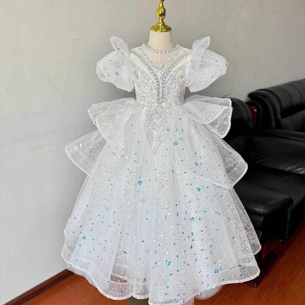 2025 Baby Girl Princess Dress Sequin Party Dresses for Children Puff Sleeves Clothing Classy Flower Girls Costume for Wedding