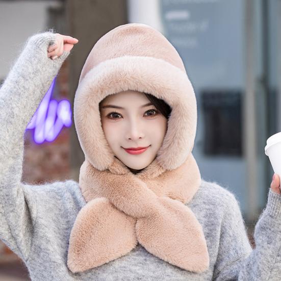 Autumn Winter Warm Hat Plush Lining Windproof Integrated Headwear Scarf for Women Cold Protection 3-in-1 Neck Ears Warmer Plush Hat for Motorcycle EMA
