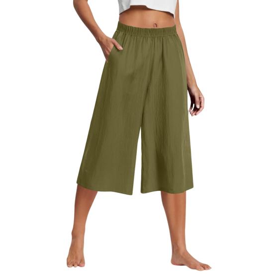 Женские укороченные брюки Эластичная высокая талия Прямые широкие брюки Повседневные брюки с карманами Однотонные