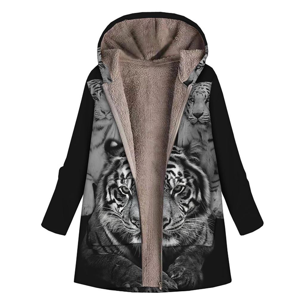 Women's Casual Large Print Zipper Plush Hooded Long Sleeve Coat With Pockets Winter