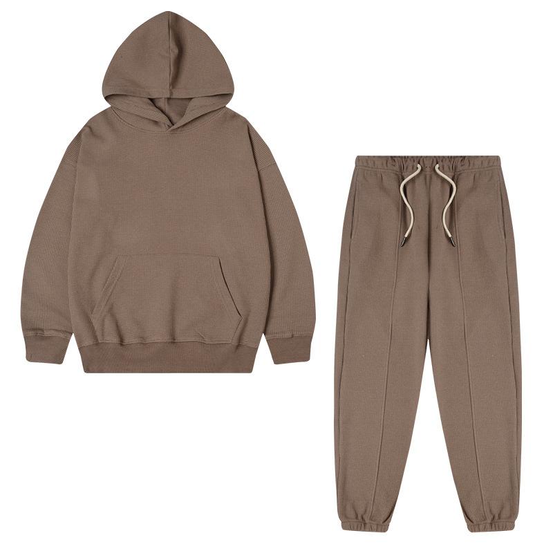 Kids Hoodie Set 320G Waffle Knit Thick Solid Color Boys Girls Casual Sportswear Two-Piece Outfit