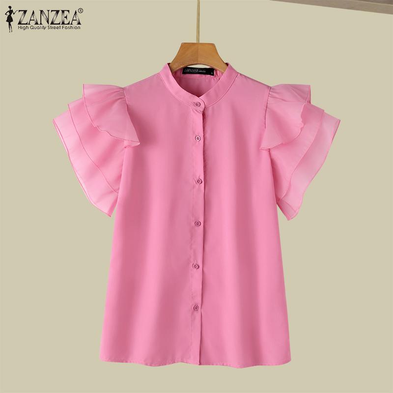 ZANZEA Женская модная свободная рубашка без рукавов с воротником-стойкой и рюшами