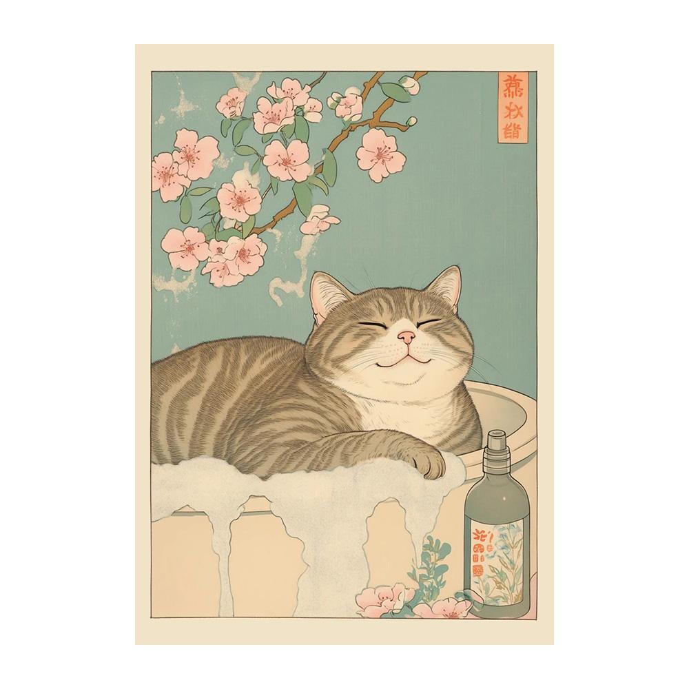 Японский полосатый кот в ванной Постеры Принты Холст Картина Ретро Эстетика Настенное искусство Картина Джапанди Ванная Туалет Домашний декор