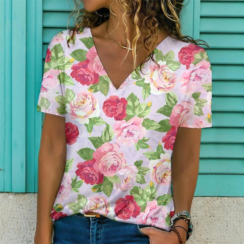 Женская футболка с цветочным принтом, большой размер, женская трендовая одежда, модная рубашка с коротким рукавом, блузка свободного кроя с V-образным вырезом 2024