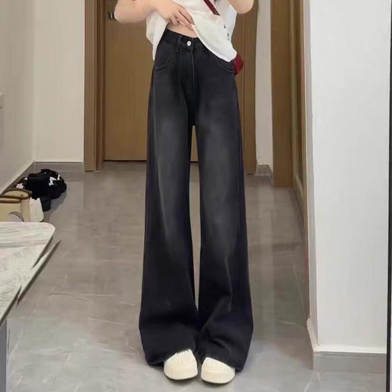 High-Waist Black & Gray Velvet Micro-Flare Jeans for Women - Slimming & Body-Shaping Autumn Pants