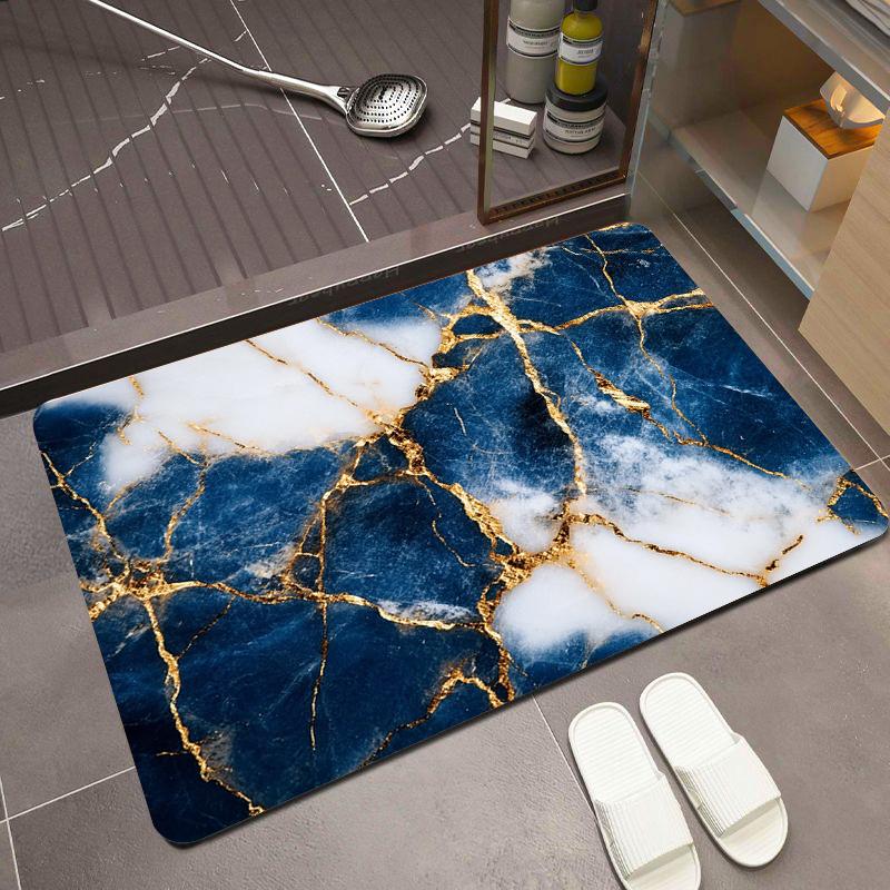 Light Blue Gold Vein Marble Bath Mat Elegant Natural Stone Look Non-Slip Diatomite Rug