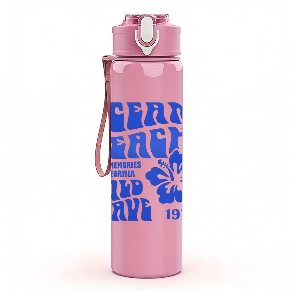 1PC Ocean Beach Surf Text Slogan Print 750ml Color Plastic Sports Water Bottle Leakproof Flip Straw Lid Suitable for Sports Office Home Use