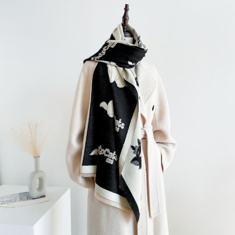 New Cute College Style Imitation Cashmere Scarf Female Kitten Double-sided Fringed Warm Shawl Versatile Comfortable Scarf Trendy
