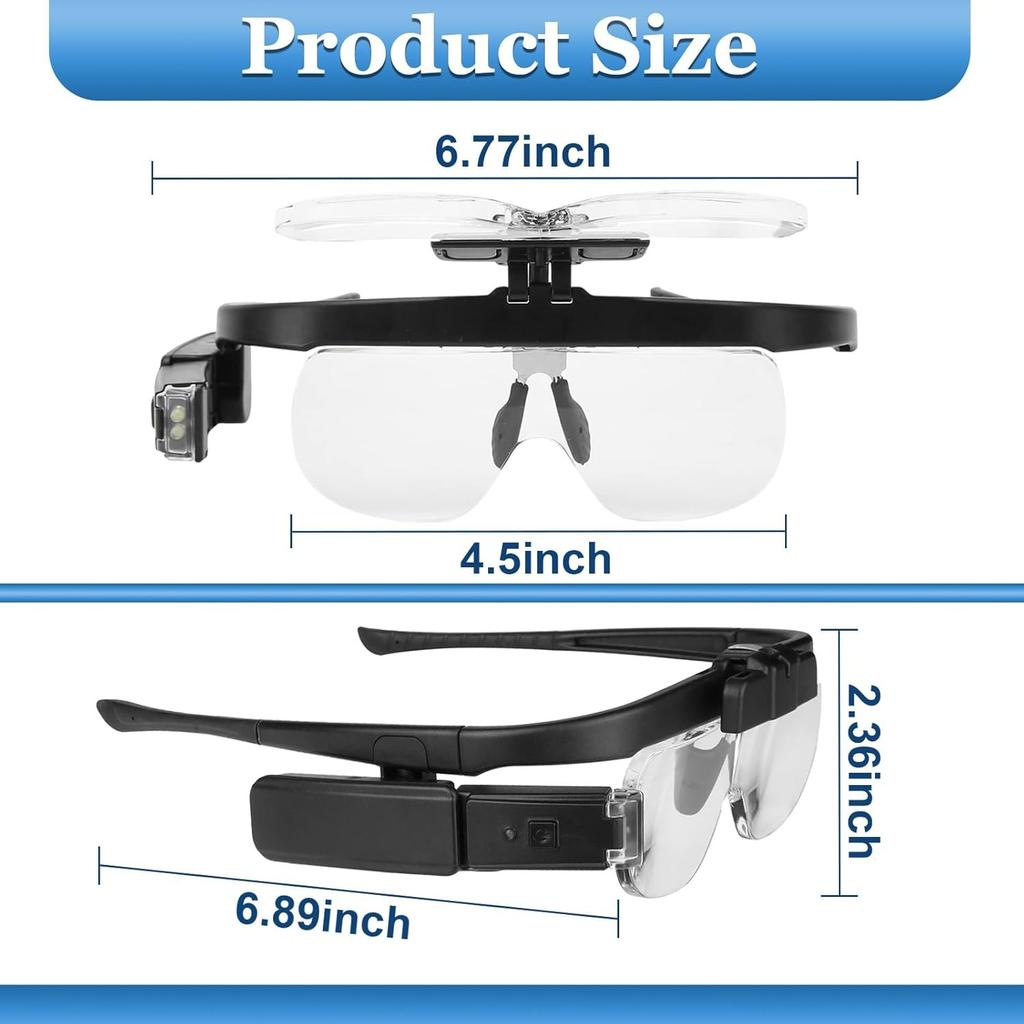 Headband Magnifying Glass, Rechargeable Head Magnifier Glasses with 2 LED Lights,for Reading, Jewelry Crafting, and Precision Work