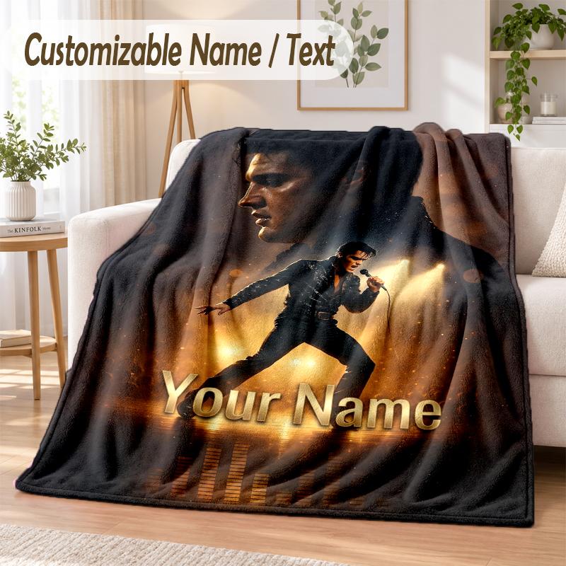 Custom Text Flannel Blanket Elvis Presley Print Warm Cozy Blanket Home Sofa Bedding
