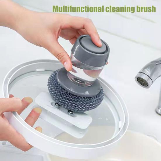 Automatic Liquid Washing Brush with Replaceable Head Built-in Soap Dispenser Ergonomic Design Pot Brush Kitchen Cleaning Tool