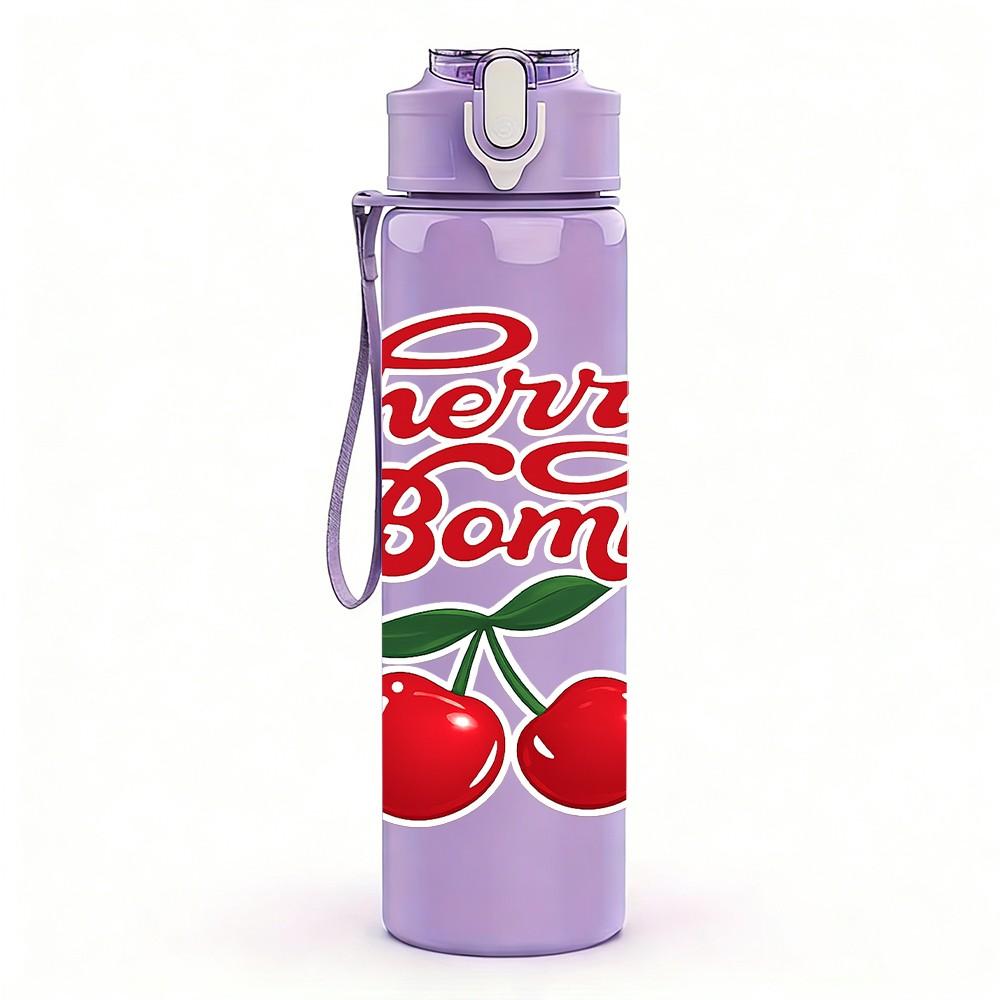 1PC Cherry Bomb Retro Cherry Fruit Badge Print 750ml Color Plastic Sports Water Bottle Leakproof Flip Straw Lid Suitable for Sports Office Home Use