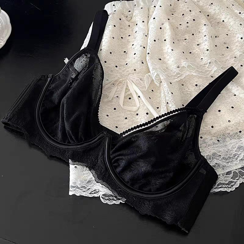 Lace underwear women's ultra-thin large breasts show small breasts, summer soft steel ring sexy bra cover large size breathable and anti-sagging