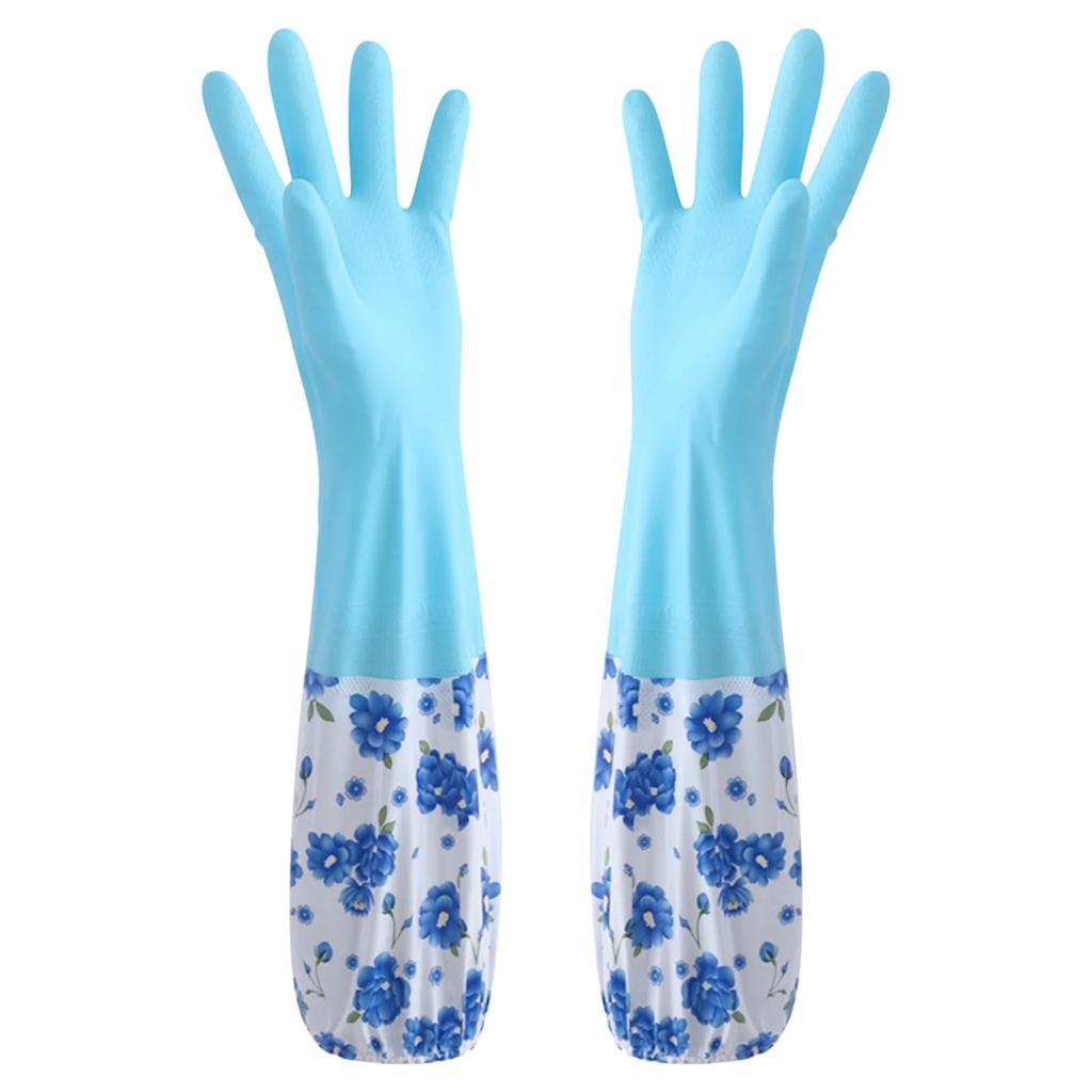 Цветочные перчатки для уборки – Экстрадлинные резиновые перчатки для мытья посуды с бархатом для женщин, Не для кухни/мойки автомобиля/ухода за животными (Термостойкий и стильный).