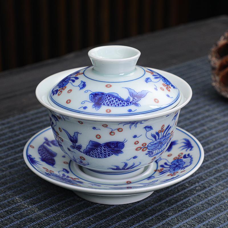 mid-glaze color blue and white porcelain large entangled lotus pot bearing cover bowl white porcelain tea set tea cup ceramic Chinese style Sancai tea