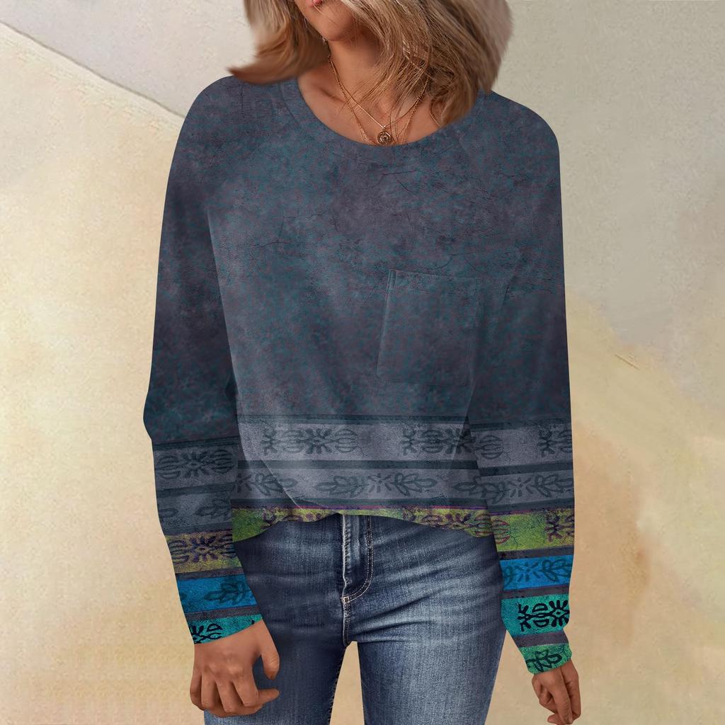 Women's Round Neck Floral Print Raglan Sleeves Long Sleeves All-match Loose Top