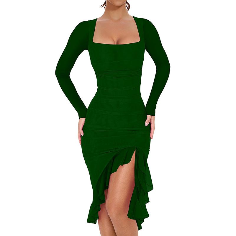 Осенняя новая сексуальная трендовая одежда в европейском и американском стиле, платье с квадратным вырезом, облегающее, с длинным рукавом, сшитое, облегающее бедра